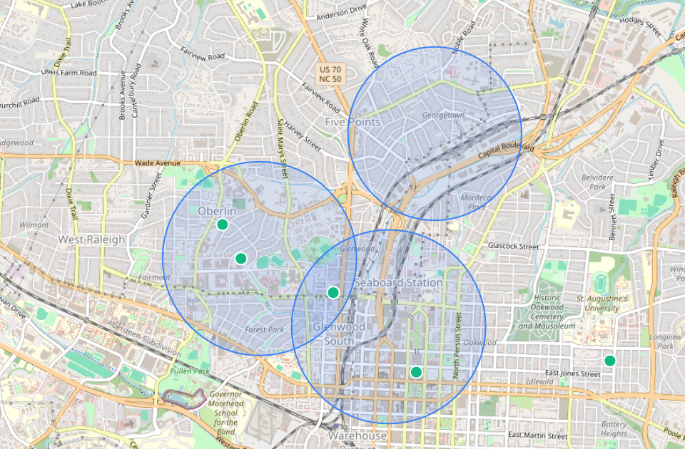 HomeRustle map showing three Quest areas, two overlapping, and five Listing markers around Raleigh.